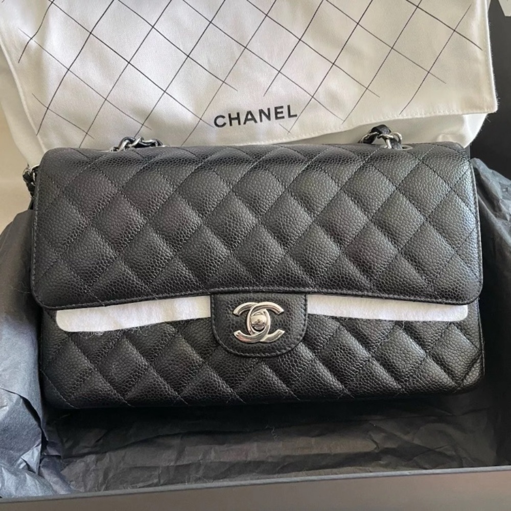 2024 CHANEL Double Flap Classic Medium Black Caviar Bag Silver HW Microchip